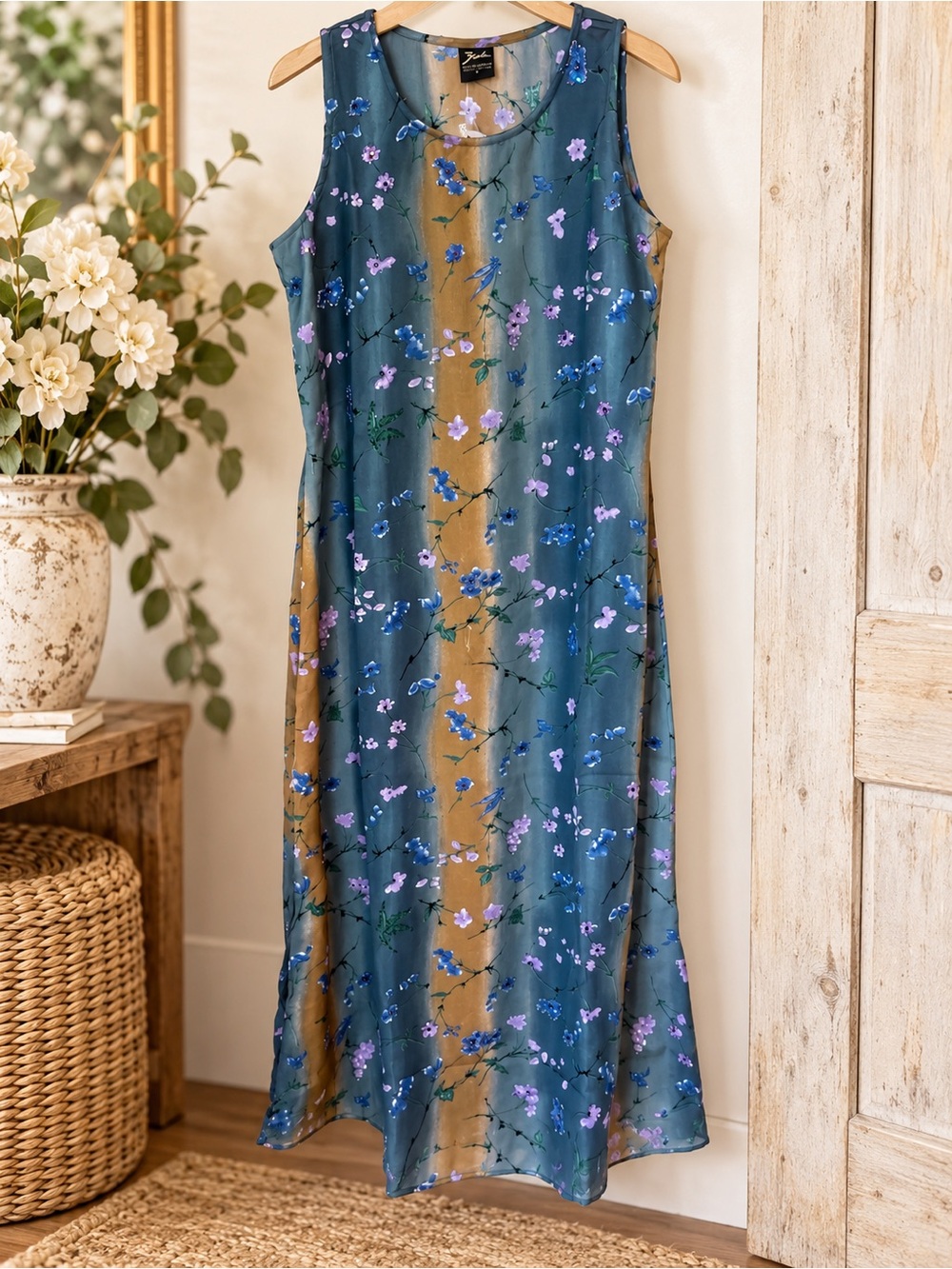NWTBlue Floral Sheer Maxi Dress Beaded Sequin Boho Y2K Cottagecore Large